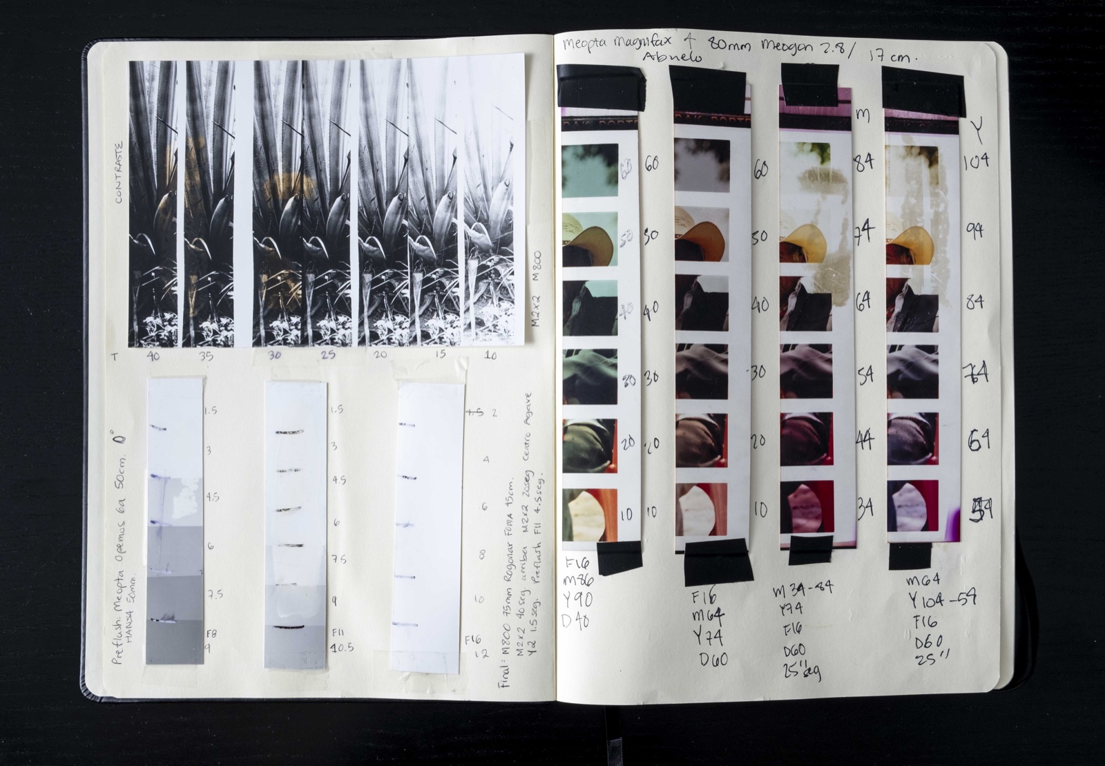 RA-4 colour filtration and contrast tests with handwritten darkroom notes